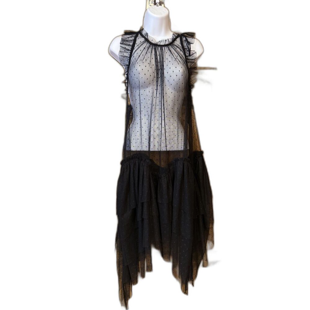 Free People Black Sheer Mesh Ruffle Midi Dress Whimsigoth Fairycore Gothic - Picture 2 of 10